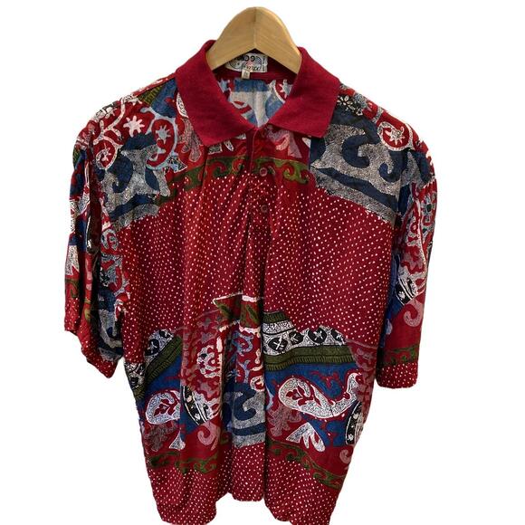 Vintage Mondo Di Marco Men's Polo Shirt Rayon Red Batik Large 52 Italy - Picture 1 of 11